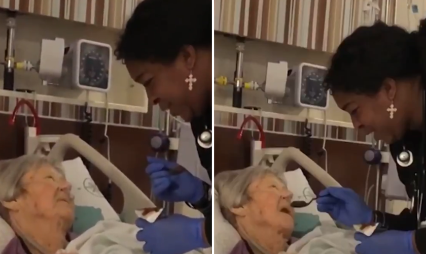 Vídeo mostra enfermeira cantando para paciente idosa em hospital no Texas. (Captura de tela/X via USA TODAY)
