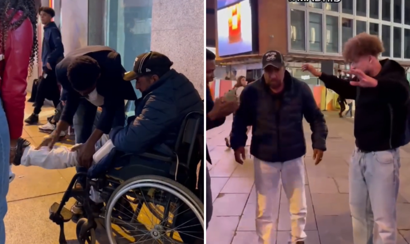 Homem recebe oração em evangelismo de rua e se levanta de cadeira de rodas. (Captura de tela/Instagram/ __i.am.precious)