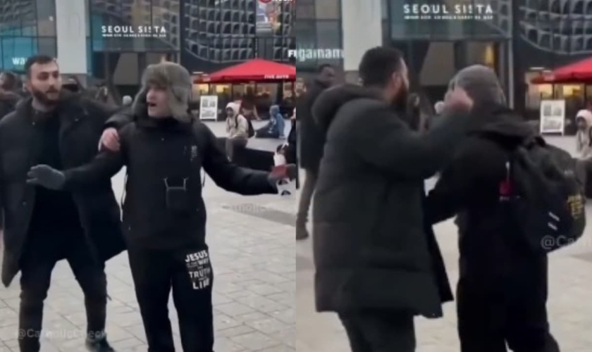 Elyas foi agredido com socos e chutes, mas continuou pregando. (Foto: Reprodução/Instagram/Allan Machado).