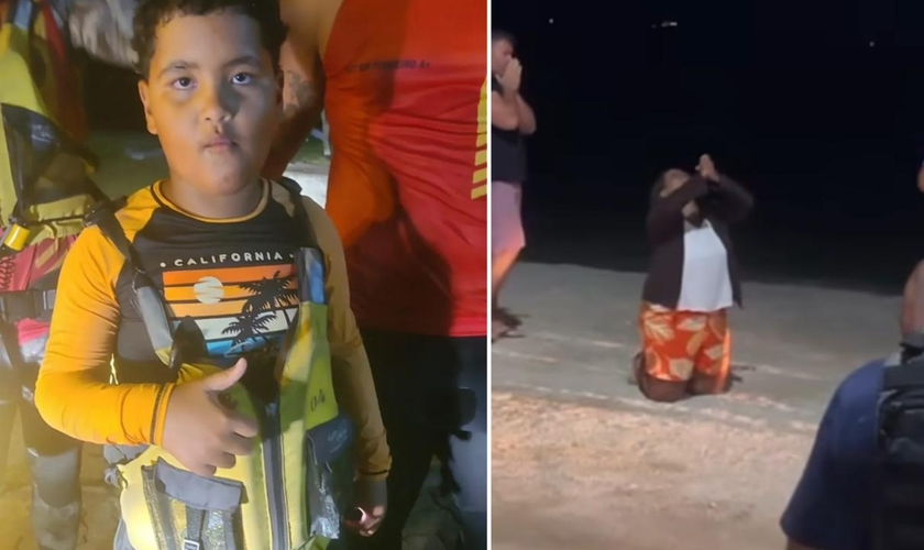 Após o resgate de Miguel, a mãe se ajoelhou na praia e agradeceu a Deus. (Foto: Reprodução/Instagram/Prefeitura de Arraial do Cabo/Região dos Lagos Notícias)
