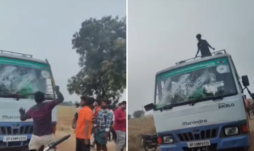 Micro-ônibus que transportava os evangelistas ficou completamente destruído. (Captura de tela / Facebook / Grace Leena Garige)