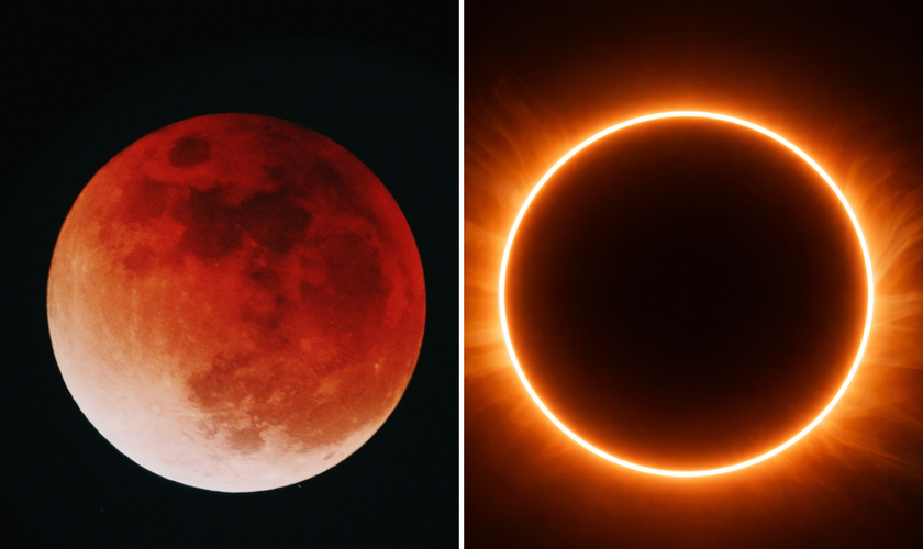 Lua de sangue e anel de fogo (Fotos: Yu Kato / Unsplash / IA)