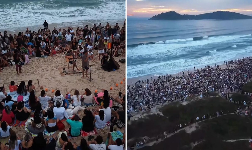O culto na praia. (Foto: Reprodução/Instagram/Surf House Comunidade Cristã)
