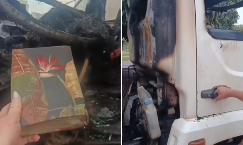 A Bíblia foi encontrada na porta do veículo. (Foto: Reprodução/Instagram/Letícia Martins)