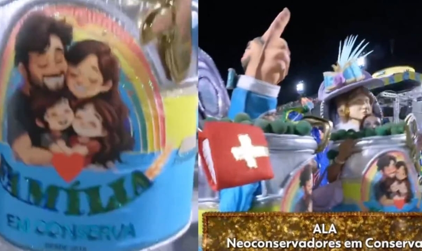 A Acadêmicos de Niterói apresentou evangélicos dentro de latas de conserva. (Foto: Reprodução/X/Poder360).