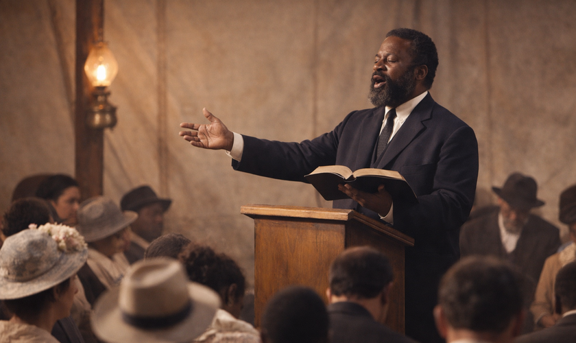 O líder pentecostal William Seymour pregando a mensagem bíblica durante um culto no início do século XX. (Imagem ilustrativa gerada por IA)