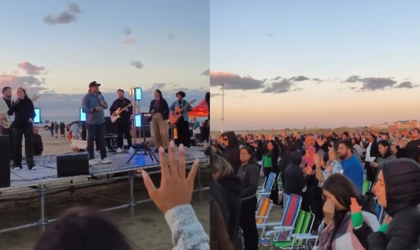 Uma multidão louvou a Deus na Praia do Cassino, em Rio Grande. (Foto: Reprodução/Instagram/Sara Gomes Ribeiro).