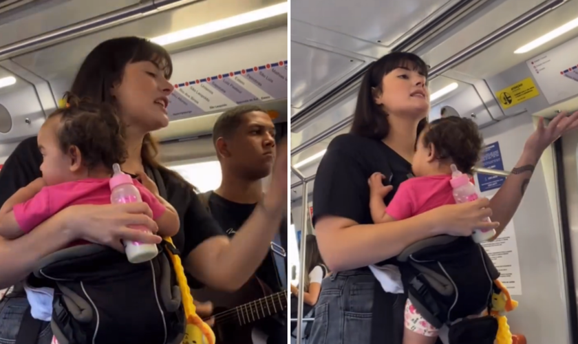 Com a filha Éden no colo, Julia ministra em vagão de metrô enquanto o marido, Kawan, toca violão. (Captura de tela/Instagram/geracao_kaleo)