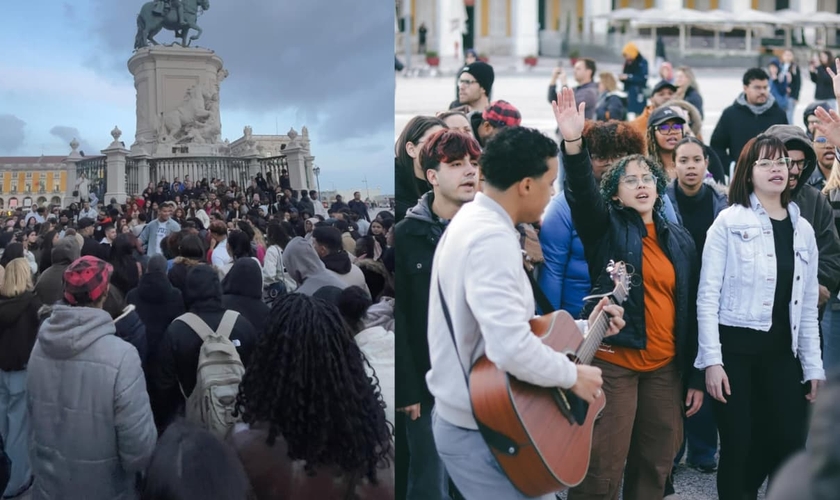 Um grupo de cristãos tem se reunido na Praça do Comércio, em Lisboa. (Foto: Reprodução/Instagram/Felipe Belo/Reprodução/Instagram/Aviva Lisbon Movement).