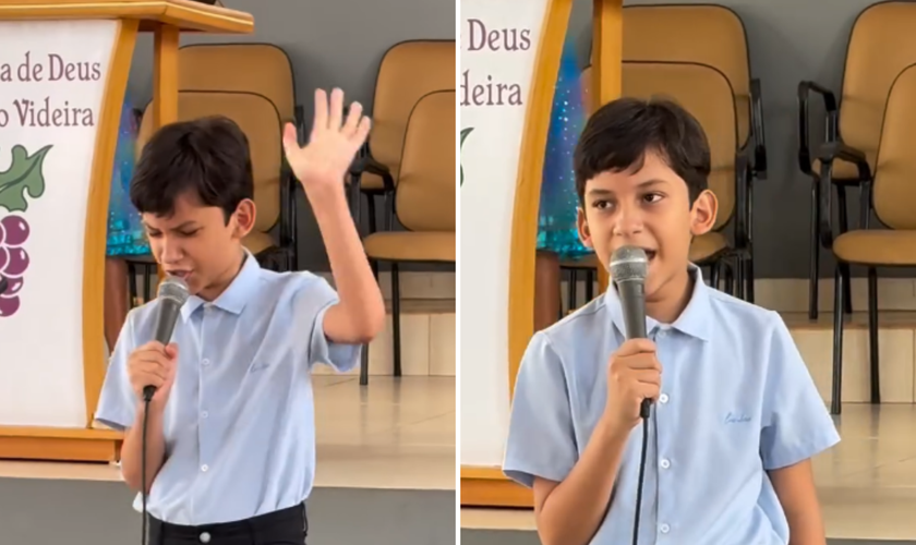 Davy, de 11 anos, emociona ao louvar na igreja com entrega e espontaneidade. (Captura de tela/Instagram/Kelley Freire)