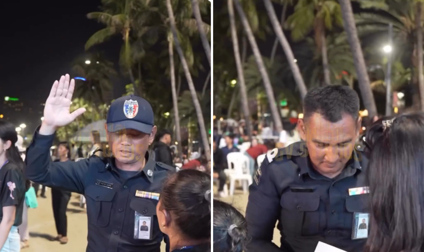Policiais em serviço na Tailândia levantam as mãos após ouvirem o Evangelho. (Captura de tela/X/GVStudios_TV)