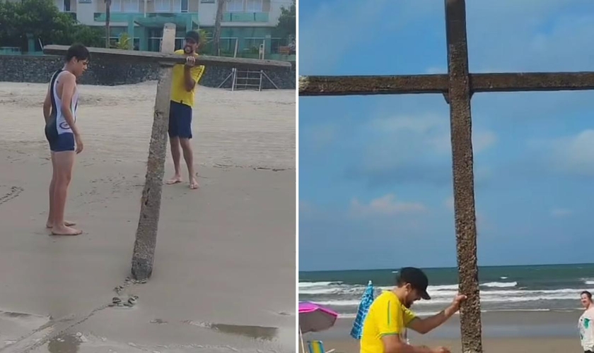 A família com a cruz na praia. (Foto: Reprodução/Instagram/Aline Altheman)