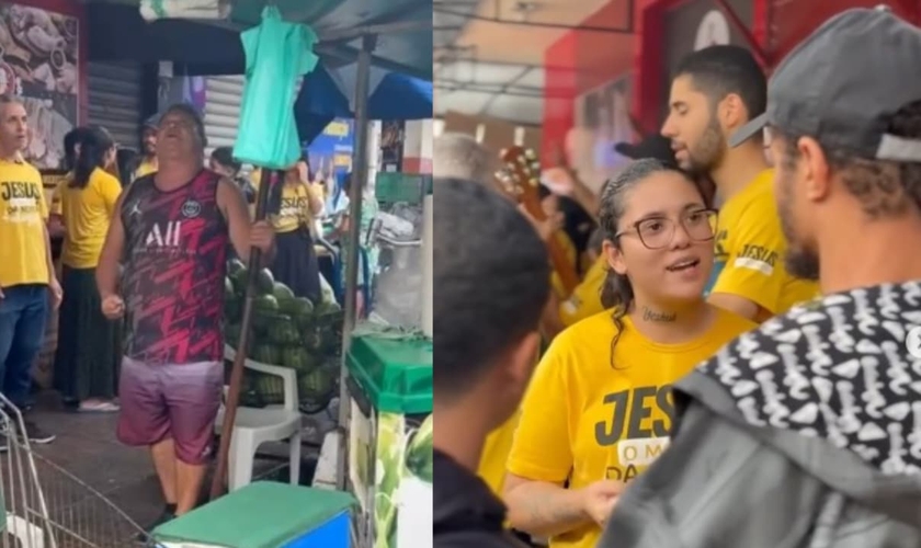 Os cristãos continuaram pregando na feira alagada. (Foto: Reprodução/Instagram /Marcelo Moreno Gomes).
