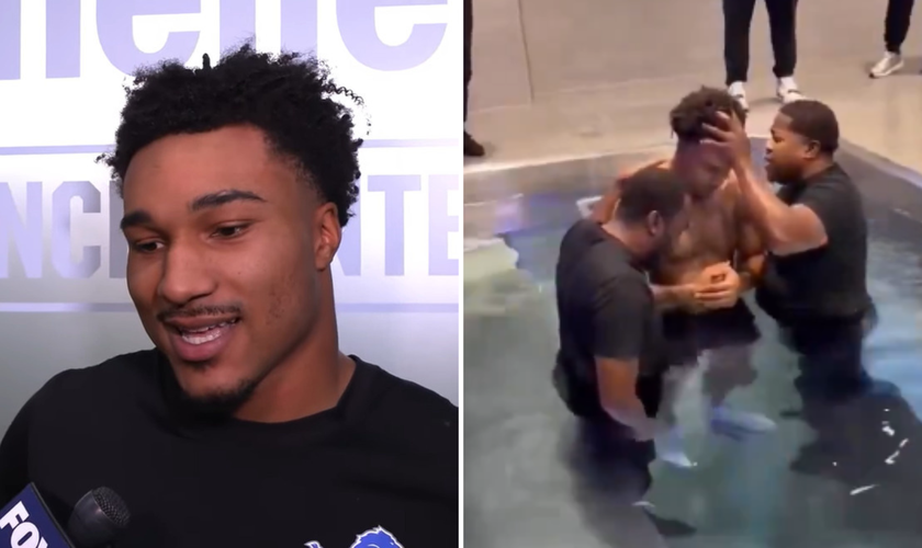 Brian Branch em entrevista e durante batismo. (Captura de tela/Youtube/ Jeff Skversky/X/NFL_DovKleiman)