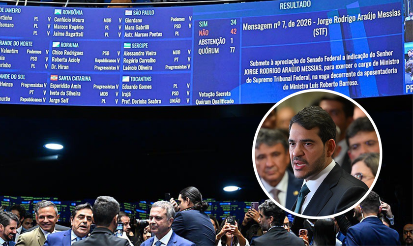 Votação teve apenas 34 dos 41 votos necessários para a aprovação; no destaque, Jorge Messias em entrevista coletiva. (Foto: Waldemir Barreto/Ton Molina/Agência Senado)