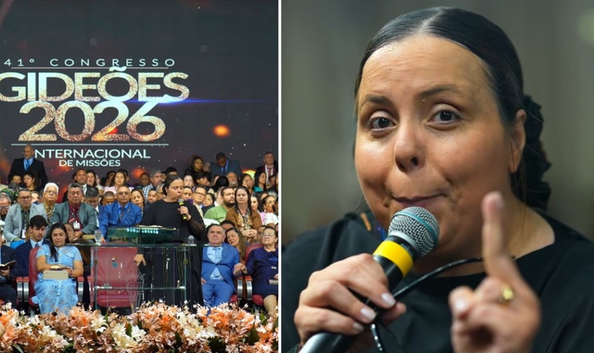 A pastora Helena Raquel no congresso Gideões 2026. (Foto: Reprodução/YouTube/Gideões Missionários da Última Hora)