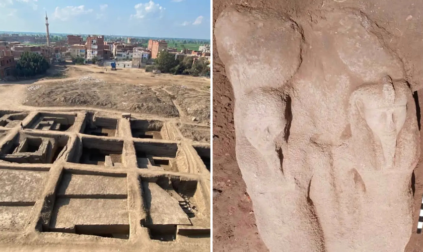 Sítio arqueológico e estátua maciça atribuída a Ramsés II. (Foto: Ministério do Turismo e Antiguidades)