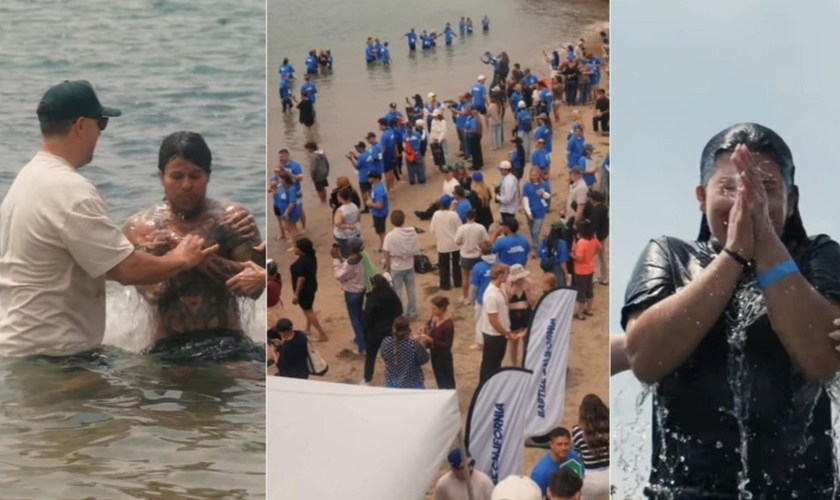 Pessoas se reúnem para serem batizadas na Pirate’s Cove. (Captura de tela / Baptize California)