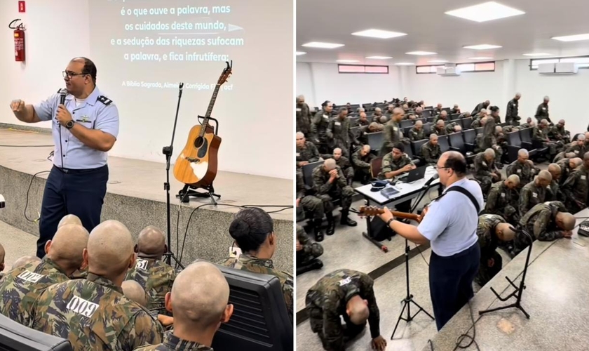 O pastor Claudio Britto ministrando a Bíblia aos recrutas. (Foto: Reprodução/Instagram/Claudio Britto)
