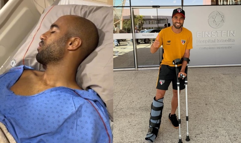 O jogador do São Paulo sofreu uma lesão gravíssima. (Foto: Reprodução/Instagram/lariisaad/Instagram/Lucas Moura).