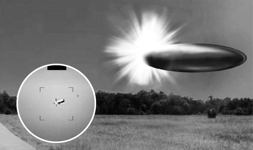 Foto real do local com sobreposição gráfica produzida pelo laboratório do FBI retrata suposto objeto metálico descrito por testemunhas em 2023. (Foto: Divulgação/Governo dos EUA)