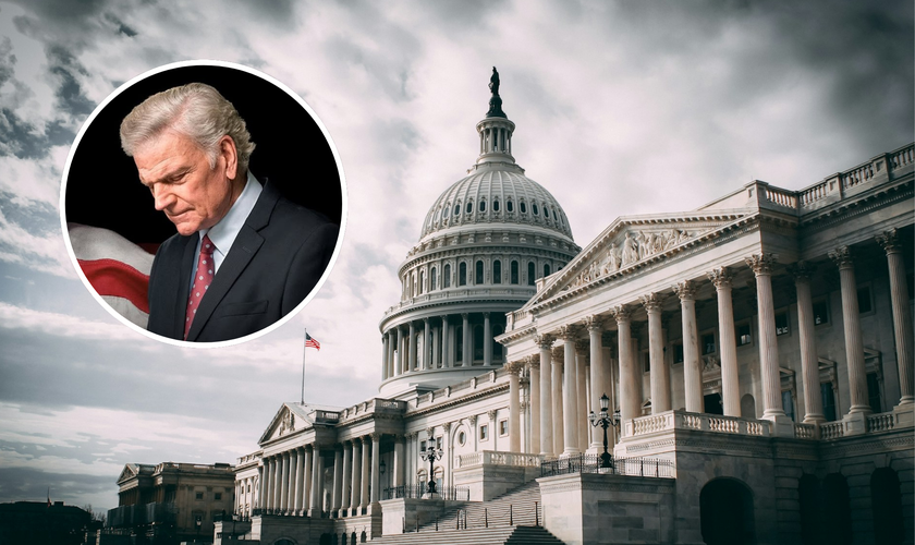 Capitólio, em Washington; no destaque, o evangelista Franklin Graham. (Foto: Unsplash/Harold Mendoza; Instagram)