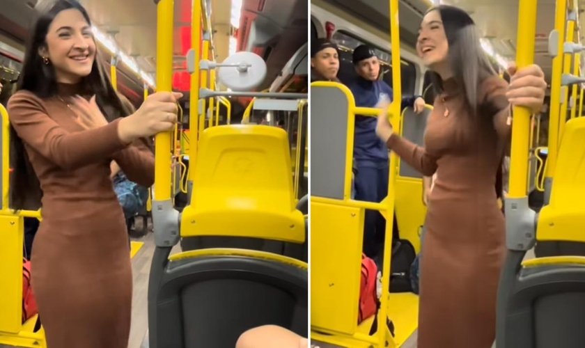 Isabella evangelizando no ônibus. (Foto: Reprodução/Instagram/Isabella Moura)