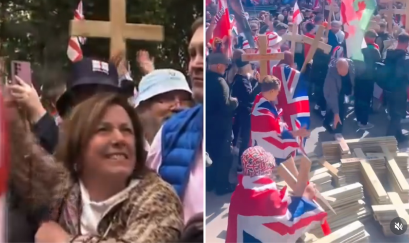 Participantes erguem cruzes durante a marcha “Unir o Reino”, em Londres. (Captura de tela/Instagram/destra.forthenations/Rikki Doolan)