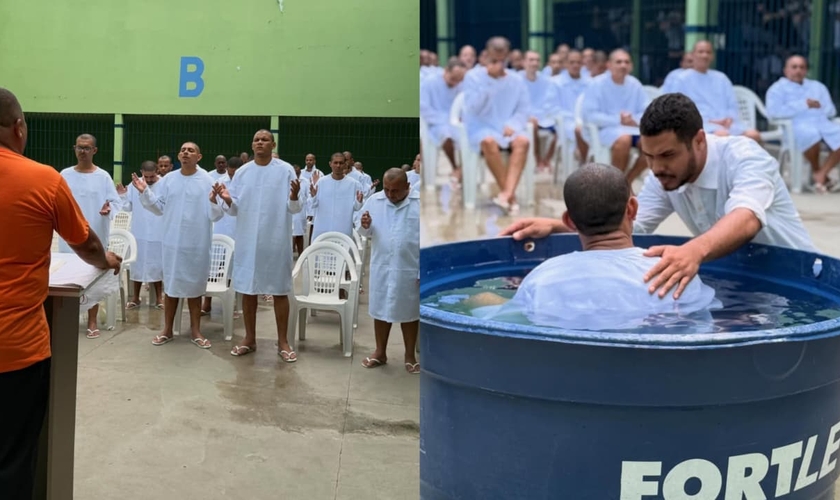 Mais de 20 presos foram batizados nas águas dentro da penitenciária. (Foto: Instagram/Projeto Recomeço).