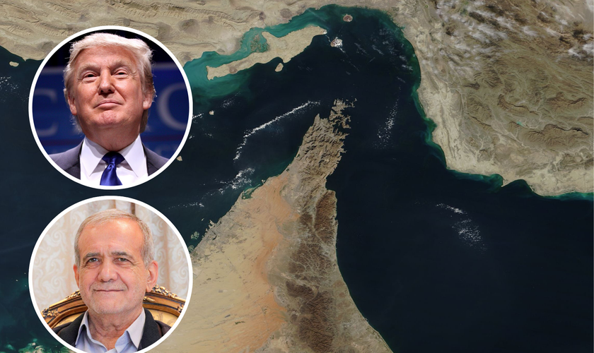 Estreito de Ormuz visto por satélite; em destaque, Masoud Pezeshkian e Donald Trump. (Foto: NASA/Wikimedia Commons)