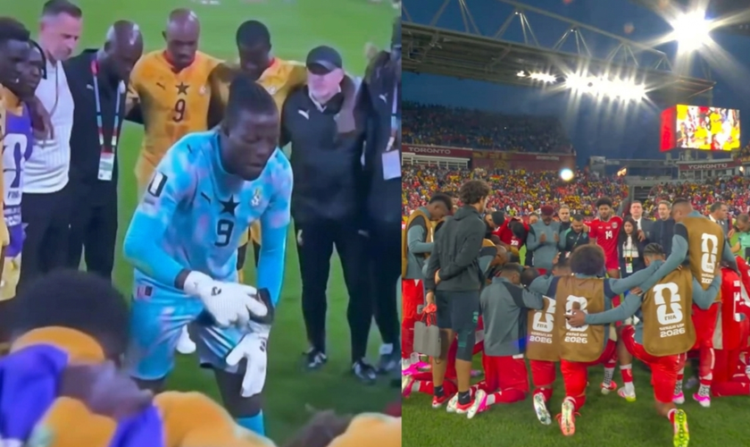 As Seleções do Panamá e de Gana oraram após o jogo. (Foto: Reprodução/Instagram/Ballersingod/Reprodução/YouTube/CazéTV).