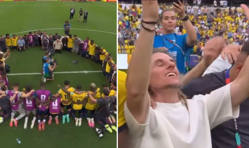 A seleção do Equador orando em campo. (Foto: Reprodução/Instagram/Cristianos en Política)