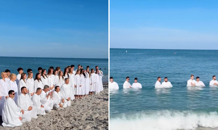 Fiéis participam de batismo nas águas realizado pela Potters House em uma praia da Flórida. (Captura de tela/Instagram/pottershousefl)