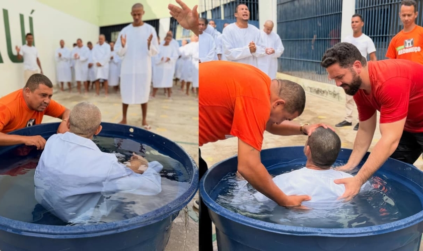 Os novos convertidos foram batizados na Cadeia Pública de Altos. (Foto: Instagram/Projeto Recomeço).
