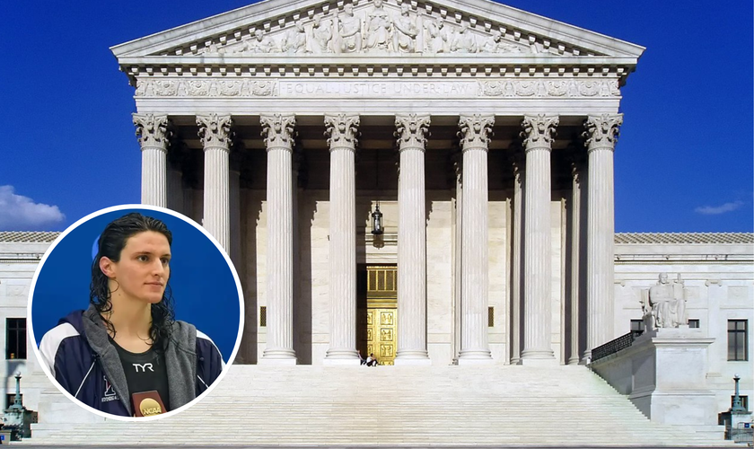 Fachada da Suprema Corte dos EUA, em Washington, D.C.; Lia Thomas, nadador trans. (Foto: Wikipedia; Captura de tela/YouTube/Fox News)