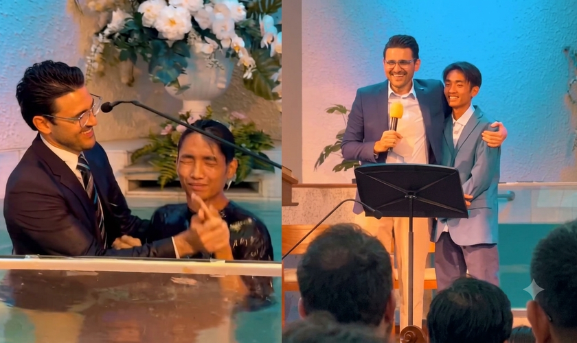 O missionário brasileiro Victor Bejota batizou seu aluno Suan. (Foto: Reprodução/Instagram/Victor Bejota).