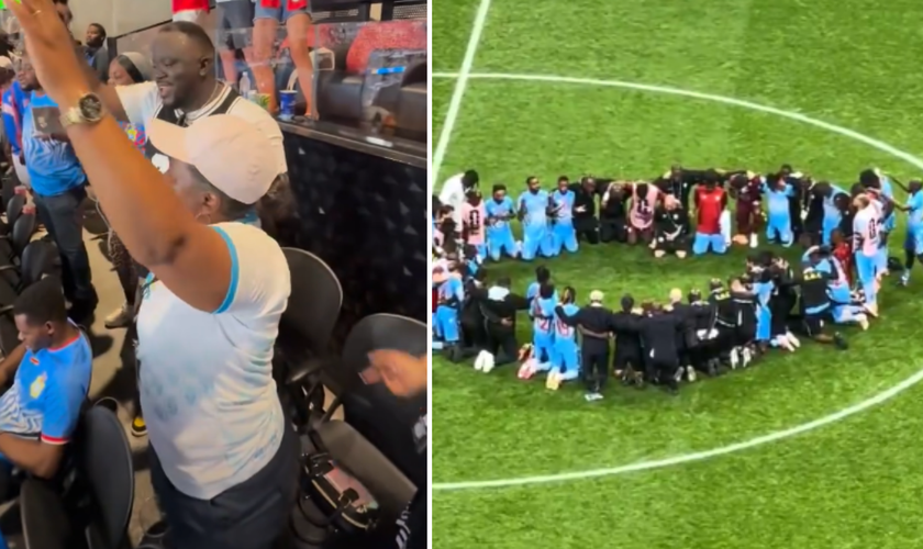 Torcedores da RD Congo louvam a Deus nas arquibancadas, enquanto jogadores e comissão técnica se ajoelham em oração após a partida. (Captura de tela/Instagram/JuniorMuhubao; X/BallersinGod)