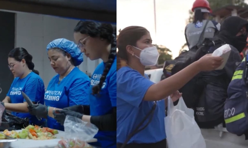A equipe da Operation Blessing está distribuindo refeições quentes. (Foto: Reprodução/.CBN News).