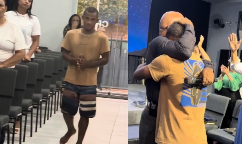 Daniel, de pés descalços, se rendeu a Jesus no altar. (Foto: Reprodução/Instagram/clovisbernardo_oficial).