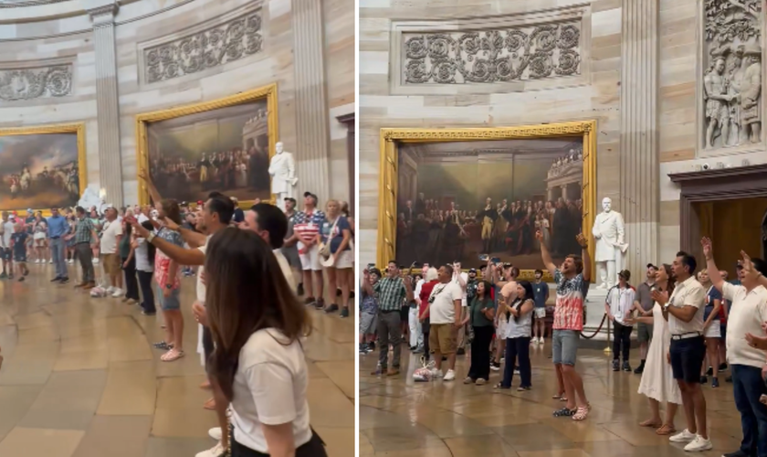 Cristãos participam de um culto de louvor na rotunda do Capitólio, durante as celebrações dos 250 anos dos EUA. (Captura de tela/X/Sean Feucht)