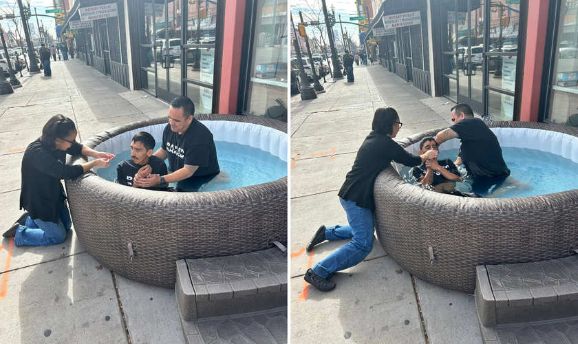 José é batizado em uma piscina montada na calçada após entregar sua vida a Jesus. (Foto: Facebook/Pastor David Brown)