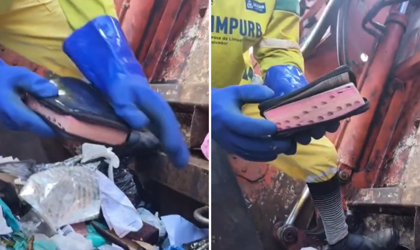 Gari mostra a Bíblia encontrada entre os resíduos. (Captura de tela/Instagram/ogaridagravata18ofc)