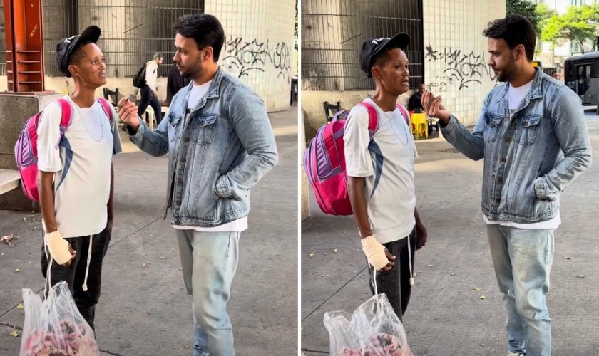 A mulher contou seu testemunho para o pastor Matheus nas ruas. (Foto: Reprodução/Instagram/Matheus Alves)
