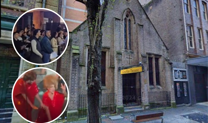 A antiga igreja que abriga o Divine Playhouse, em Sydney. Nos destaques, cristãos realizam vigília de oração do lado de fora e imagens de apresentações promovidas pelo local. (Google Maps/Instagram)