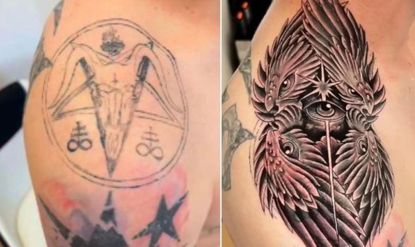 Dalton transformou o símbolo satânico em um desenho de um anjo. (Foto: Reprodução/Instagram/redemption__tattoos).