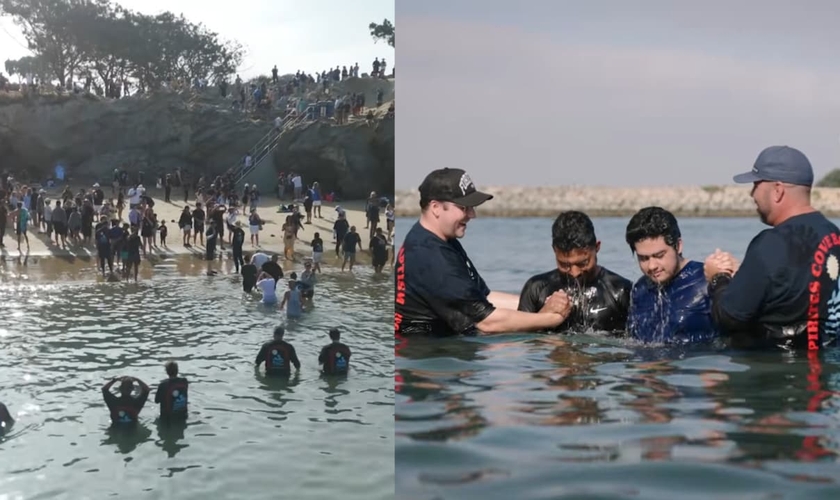 O batismo foi realizado pela Harvest Church na praia Pirate’s Cove. (Foto: Reprodução/YouTube/harvest.church).