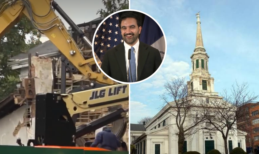 Escavadeira inicia a demolição da histórica South Bushwick Reformed Church; no destaque, o prefeito de Nova York, Zohran Mamdani. (Captura de tela/Newsmax)
