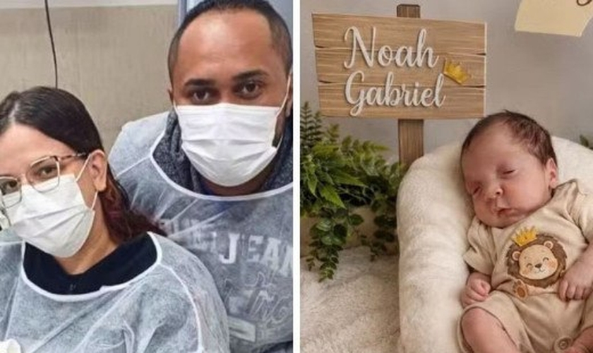 Noah Gabriel e seus pais, que testemunham um milagre após o bebê voltar a apresentar sinais vitais. (Foto: Arquivo pessoal)