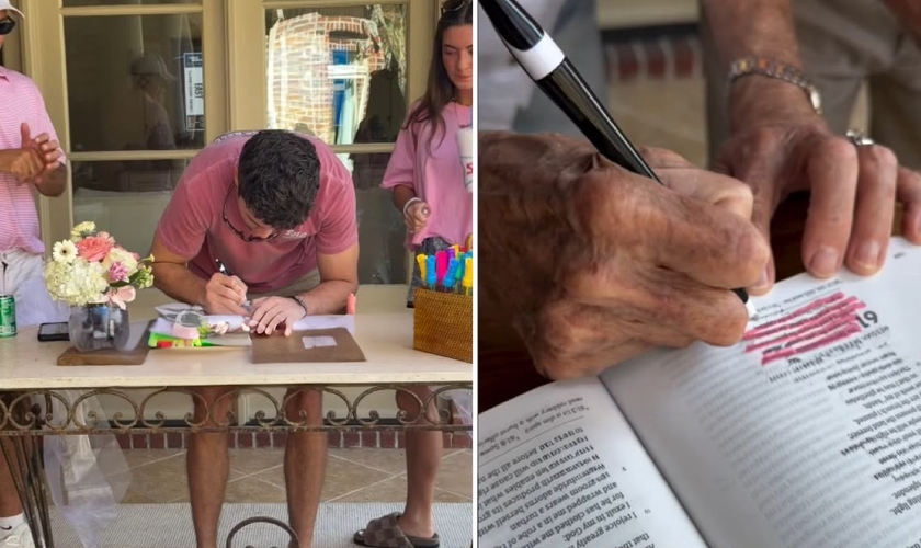A família destacando versículos durante o chá. (Foto: Reprodução/Instagram/Amy White)