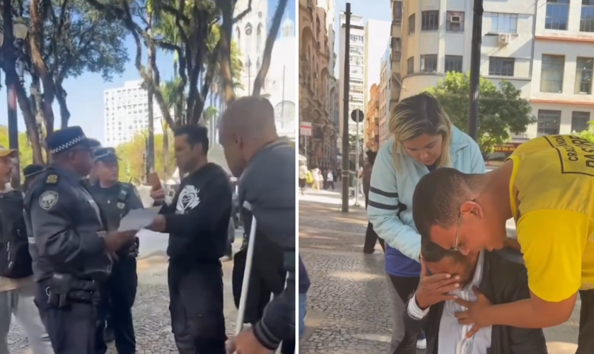 Guarda municipal aborda pregadores durante culto na Praça da Sé, em SP. (Captura de tela/Instagram/@gritoderuabr)